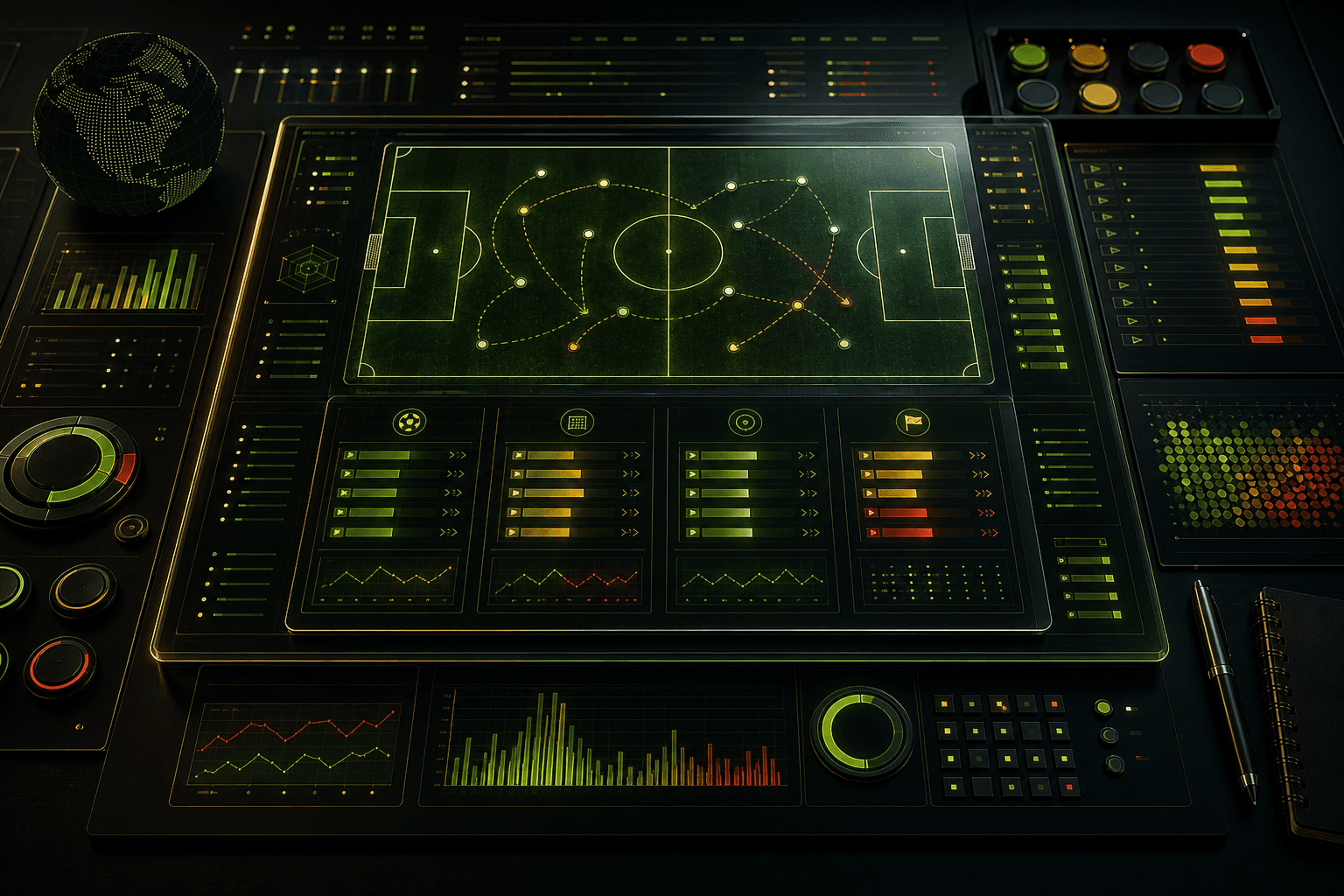Abstract football market decision board with pitch lines and risk signals