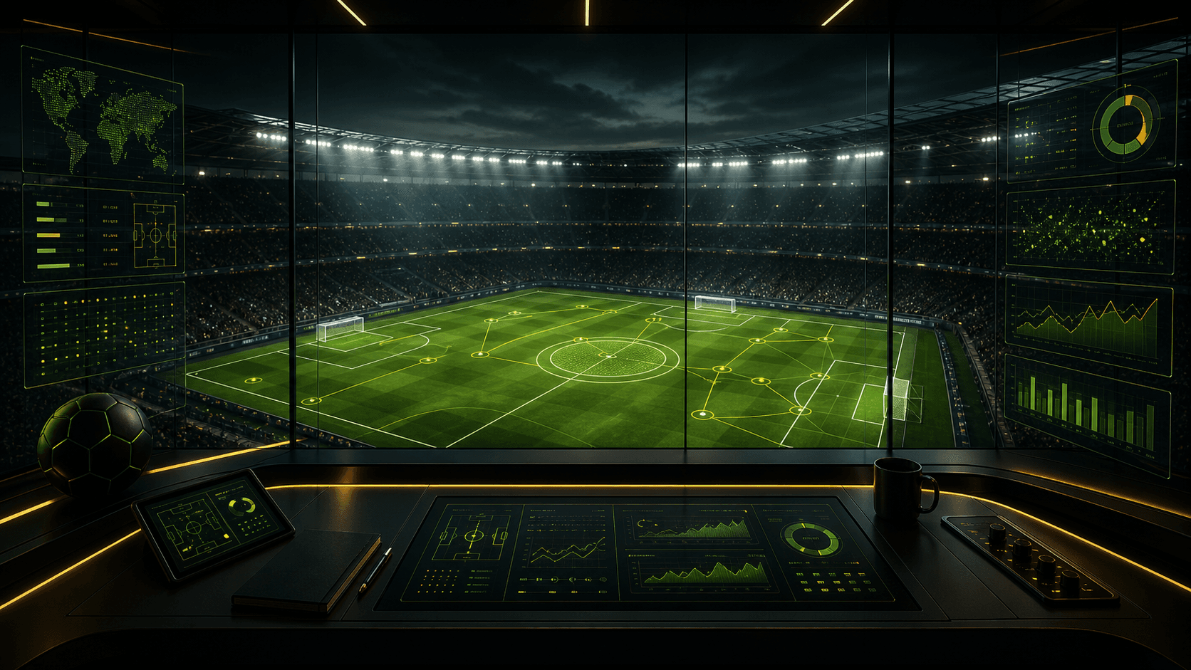 Abstract stadium analysis room with tactical football data panels